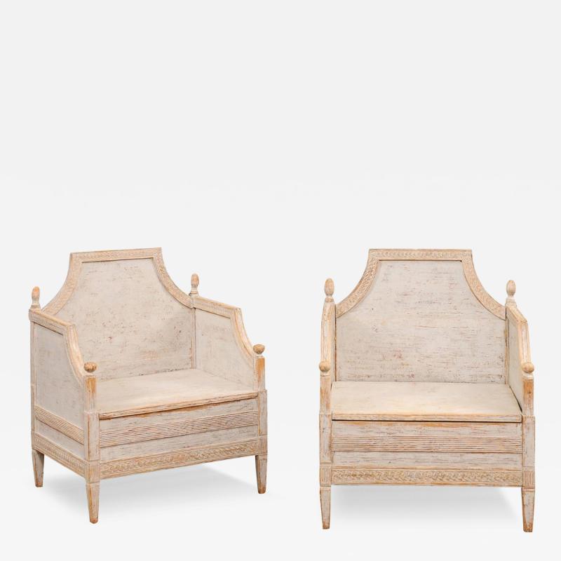 Neoclassical Style 1850s Gray Painted and Carved Armchairs with Guilloches Pair