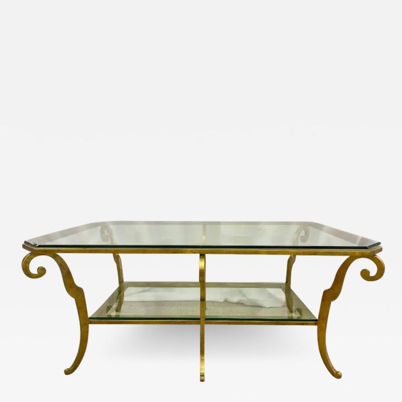 Neoclassical Style Large Gilt Metal Frame Coffee Table Glass Top French