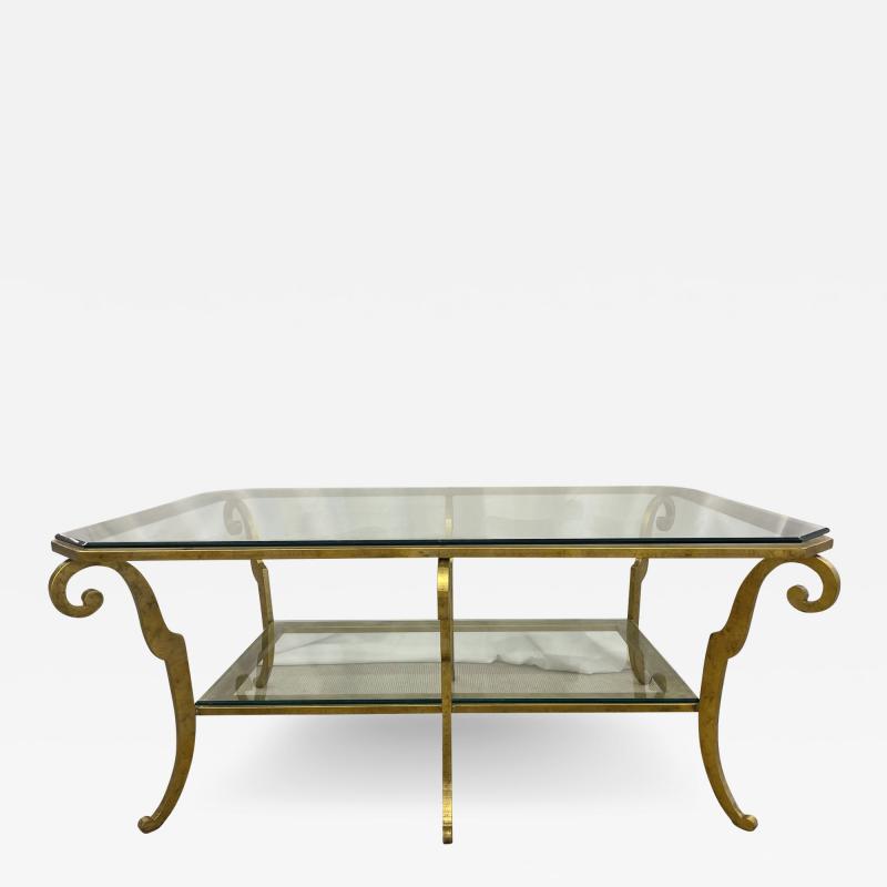 Neoclassical Style Large Gilt Metal Frame Coffee Table Glass Top French