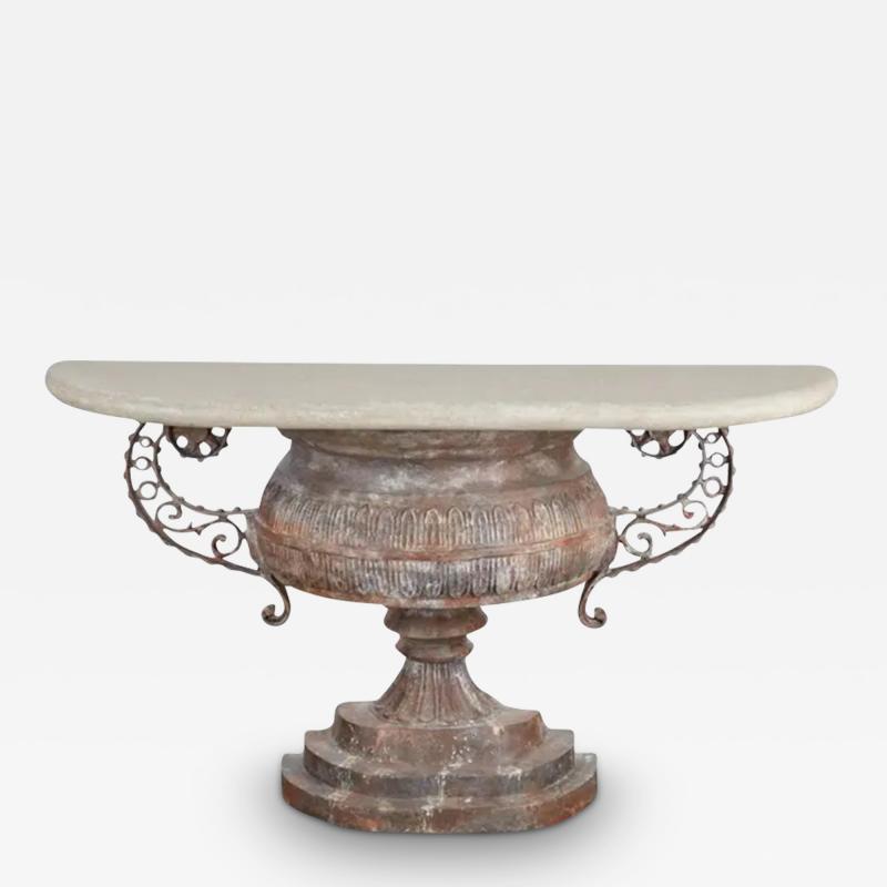 Neoclassical Style Urn Form Travertine Marble Top Console Table