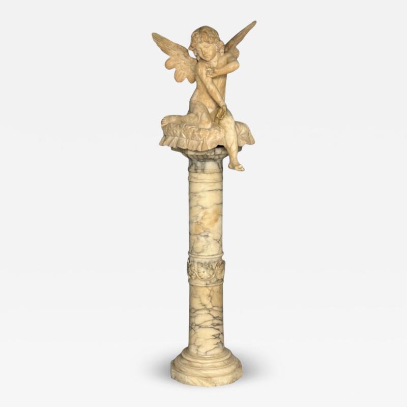Neoclassical Winged Angel On Pillow Alabaster Statue on Pedestal Italy 1920s