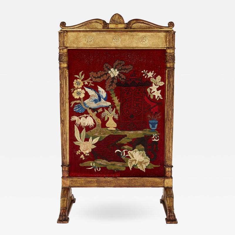 Neoclassical style giltwood firescreen with embroidery
