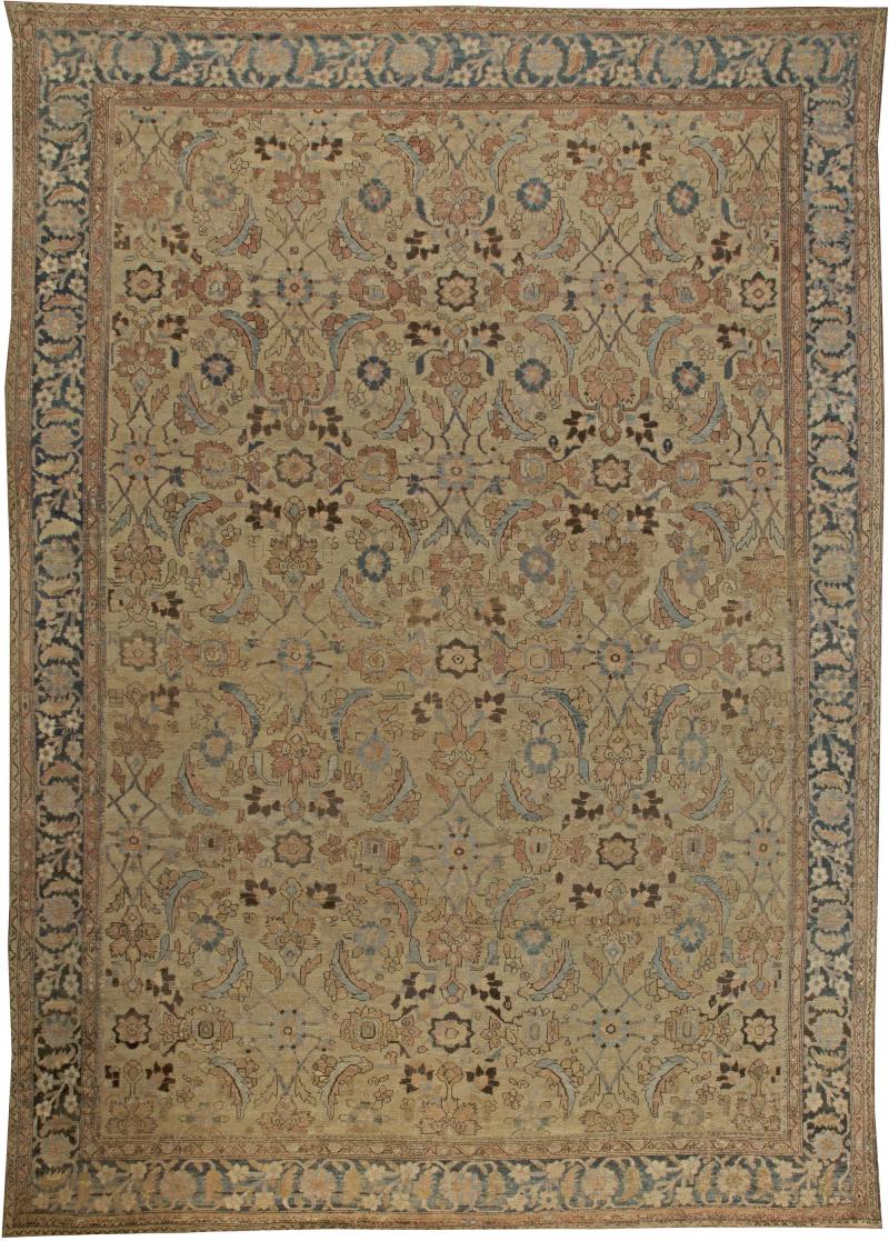 Neutral Beige Soft Blues and Pinks Antique Persian Malayer Rug
