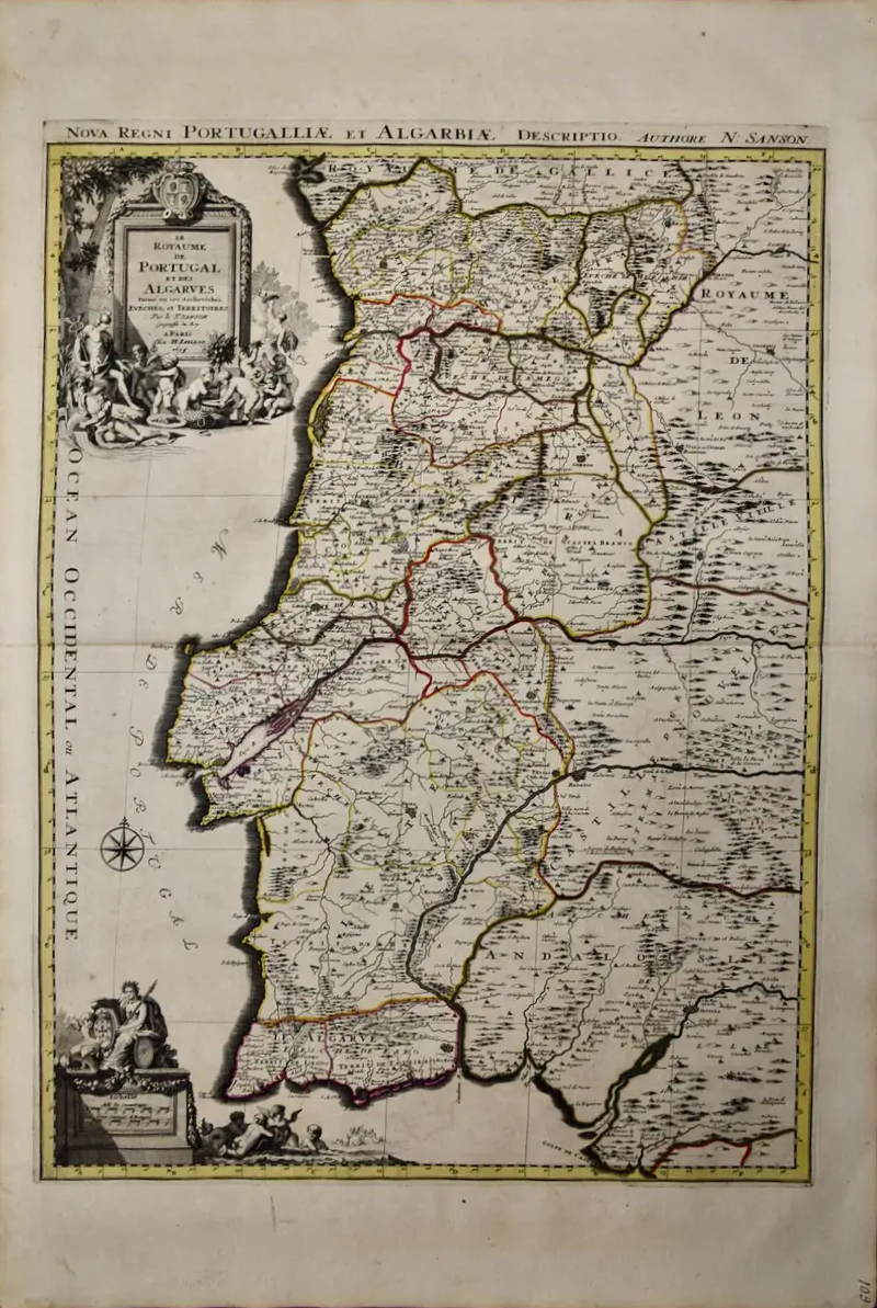 Nicolas Sanson Portugal A Large 17th Century Hand colored Map by Sanson and Jaillot