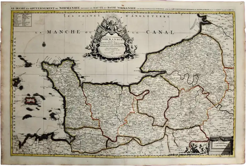 Nicolas Sanson The Normandy Region of France A 17th C Hand colored Map by Sanson and Jaillot