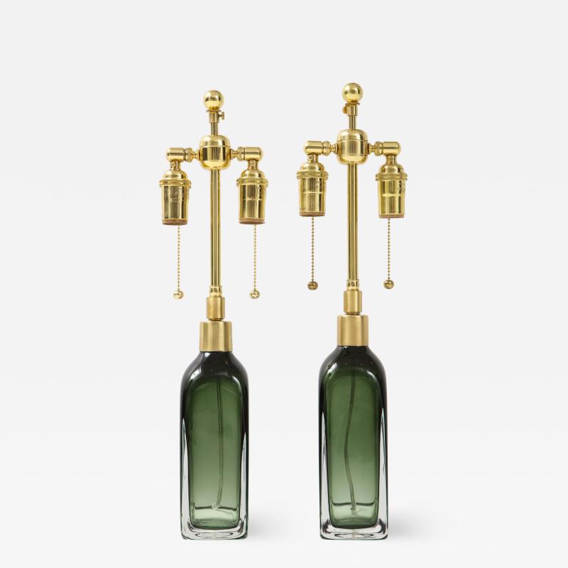 Nils Landberg Pair of Bottle Green Orrefors lamps 