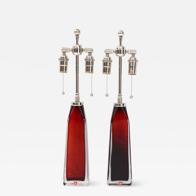 Nils Landberg Pair of Ruby Red Crystal Lamps by Nils Landberg for Orrefors 