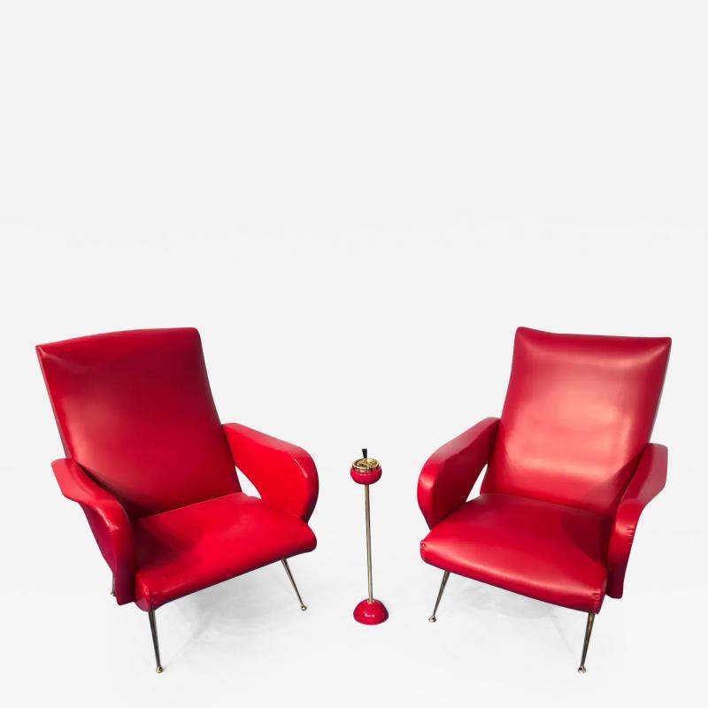 Nino Zoncada Pair of Italian Midcentury Modern Red Vinyl Armchairs Nino Zoncada Style 1950s