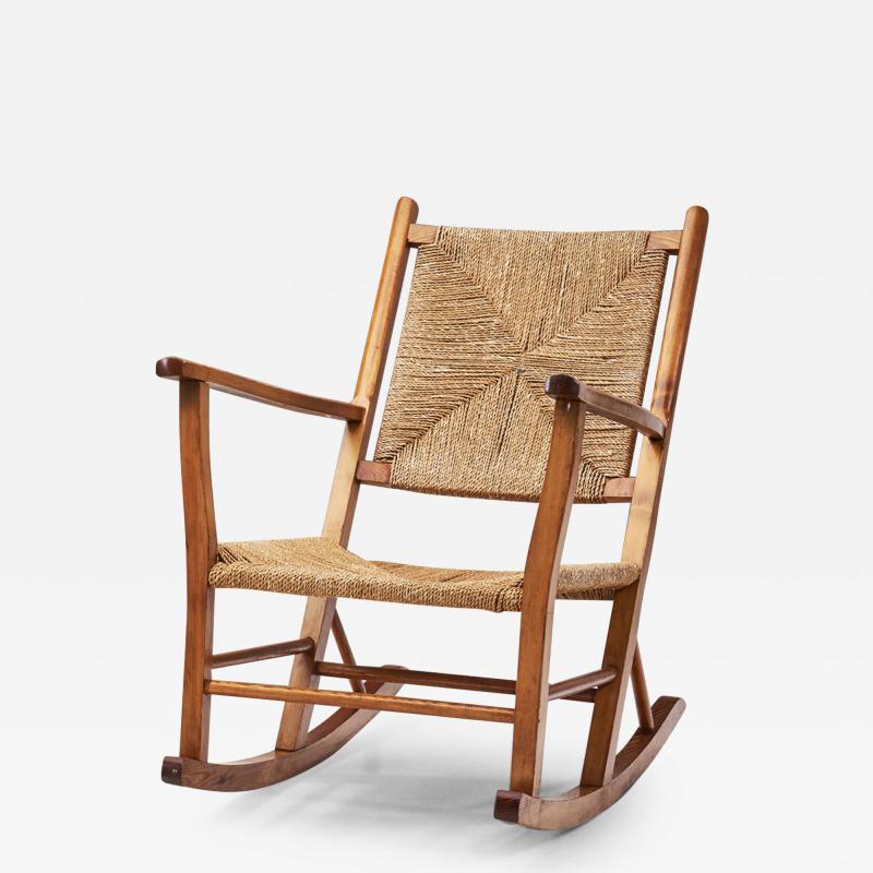 Norwegian Wood and Papercord Rocking Chair by Sla ke M belfabrikk Norway 1940s
