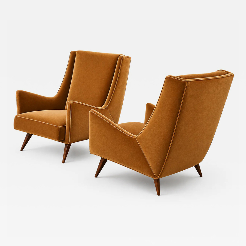 Novo Rumo Brazilian Modern Pair of Camel Mohair Club Chairs in Hardwood Att to Novo Rumo