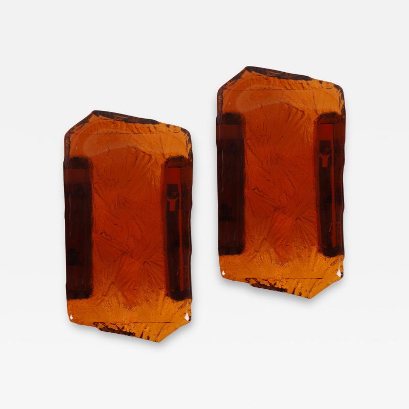 Nybro Armaturfabrik Brutalist Pair Sconces in Whiskey Hued Glass by Nybro