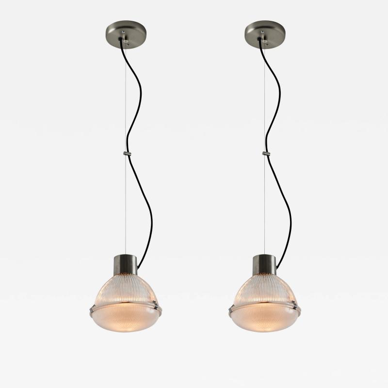 O Luce Pair of 1960s Tito Agnoli Glass Metal Suspension Lamps for O Luce