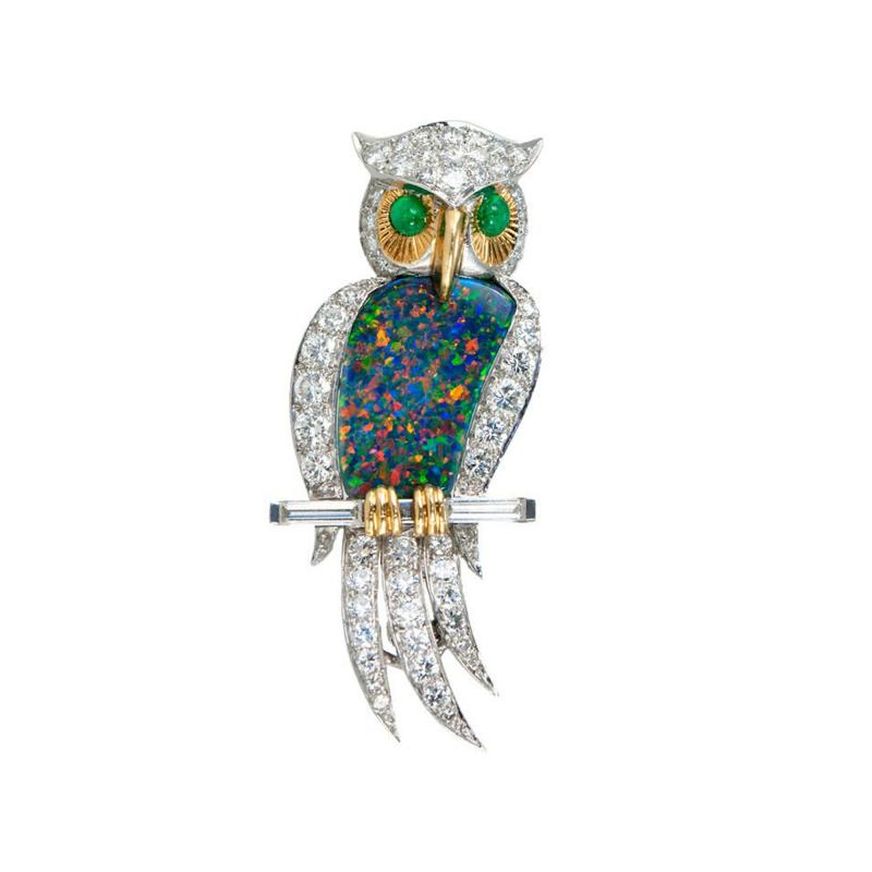 OPAL DIAMOND OWL PIN