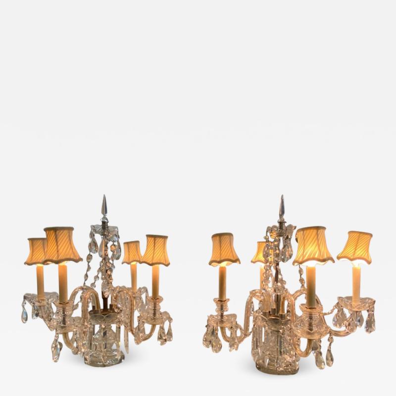 ORNATE PAIR OF FOUR ARM CRYSTAL CANDELABRA TABLE LAMPS