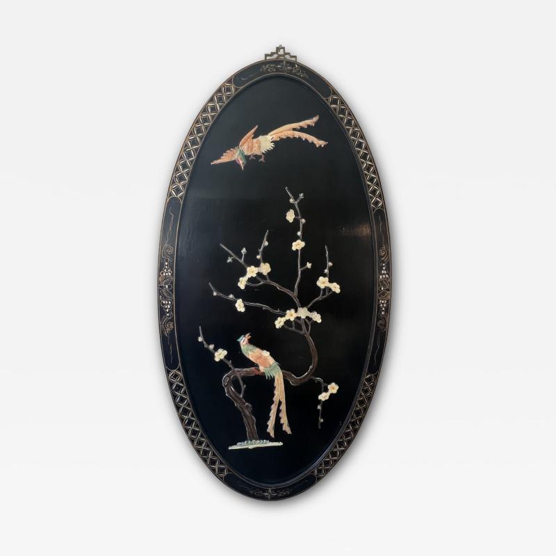 OVAL CHINESE DECORATED WOOD PLAQUE WITH COLORFUL HARDSTONE PHOENIX BIRDS