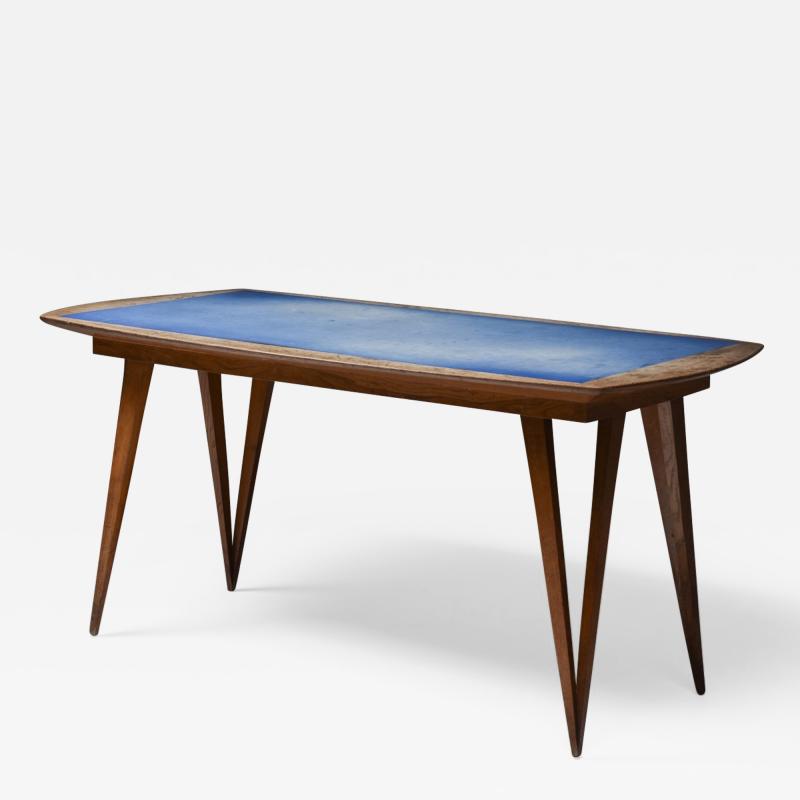 Oak Mid Century Modern Dining Table on Pin Legs with Blue Top 1940s