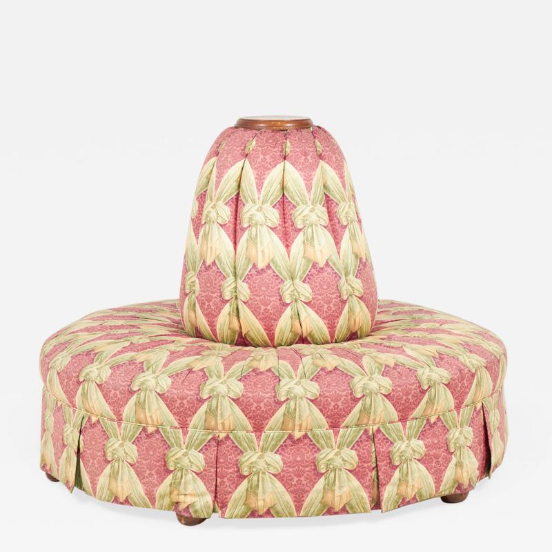 Oak and Pink and Green Patterned Fabric Upholstered Circular Borne Settee