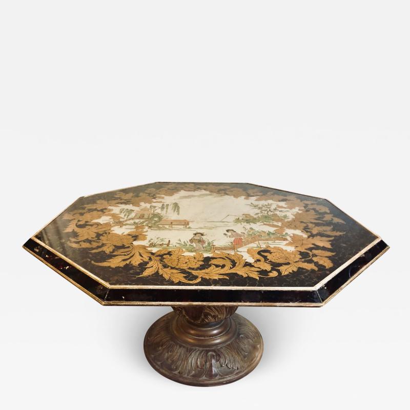 Octagon Chinoiserie Decorated Mirror Top Low Coffee Table with Carved Wood Base