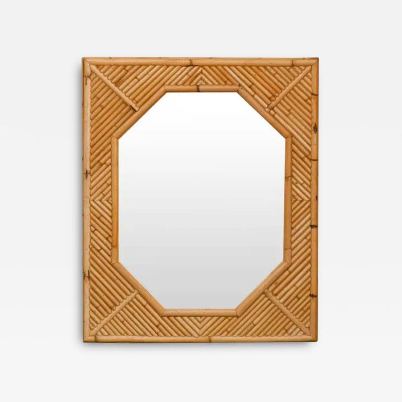Octagonal Mirror with Rectangular Bamboo Frame Featuring Geometric Patterns