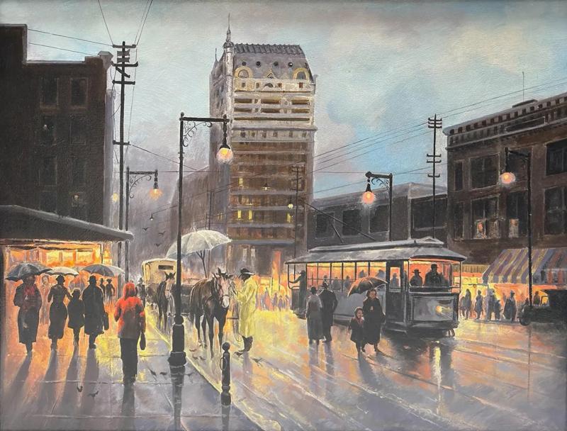 Oil Painting Facsimile by G Harvey of Texas Street Scene Dallas Remembered