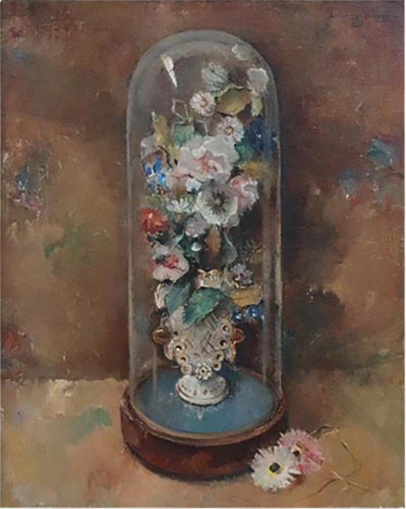 Oil Painting on Masonite Still Life with Flowers Signed and Dated 1938