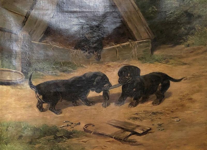 Oil on Canvas Dachshund Puppies at Play by Simon Ludvig Ditlev Simonsen