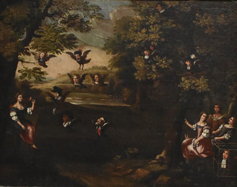Oil on canvas La Civetta pipe hunting glue hunting owl hunting 18th c 