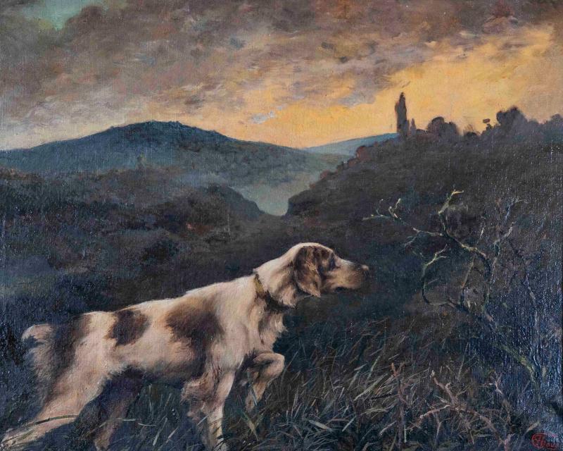 Oil on canvas Pointing Dog in a Landscape French School 19th century