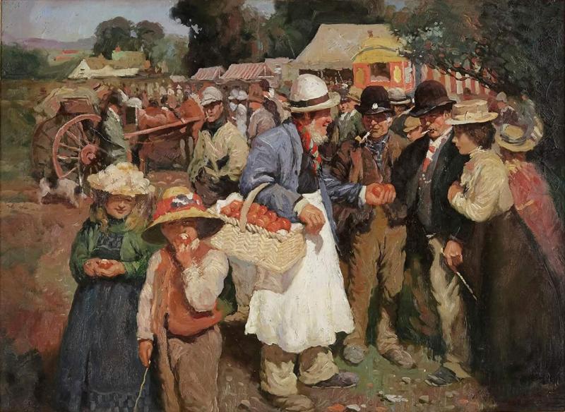 Oil painting of a Whitsuntide fair after Munnings