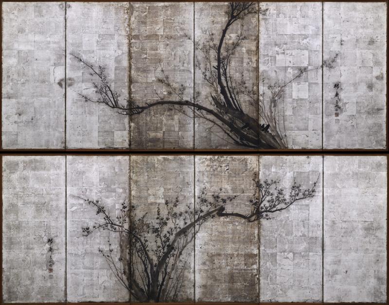 Okada Yosai Japanese Screen Pair Red and White Plum Blossoms on Silver Leaf