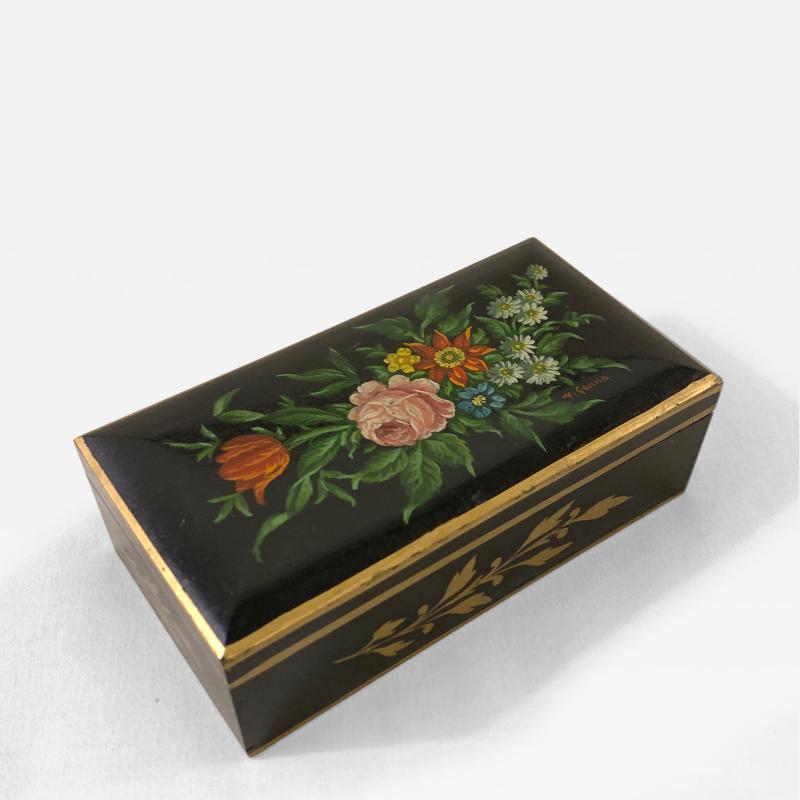 Old Black Wooden Box with Hand Painted Flowers 