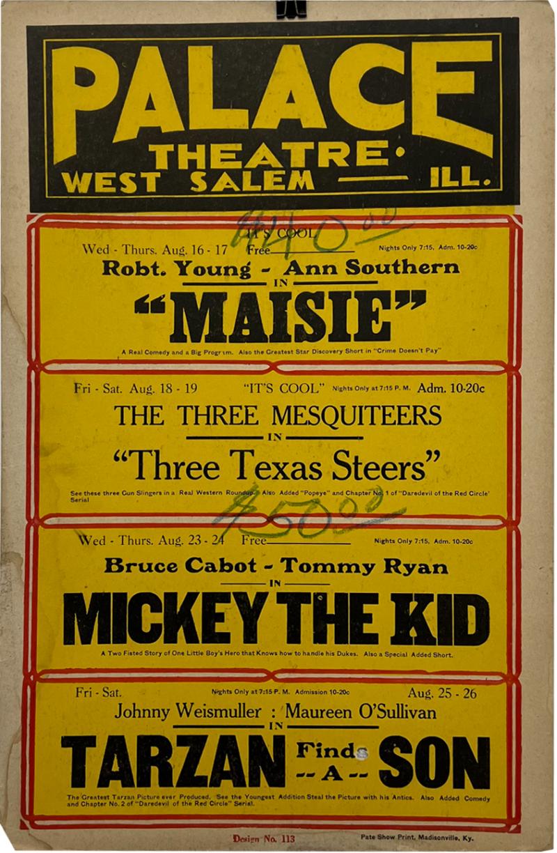Old Palace Theatre Yellow Movie Poster Maisie Tarzan West Salem IL