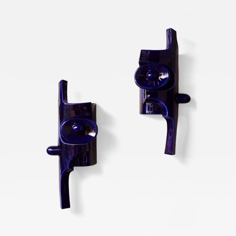 Olivia Cognet Pair of Sculptural Cobalt Blue Glazed Ceramic Wall Sconces by Olivia Cognet