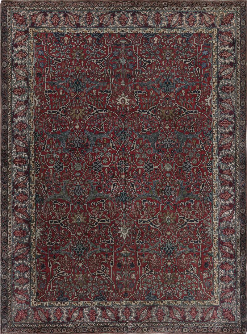 One of a Kind Antique Persian Tehran Botanic Red Blue Handmade Wool Rug