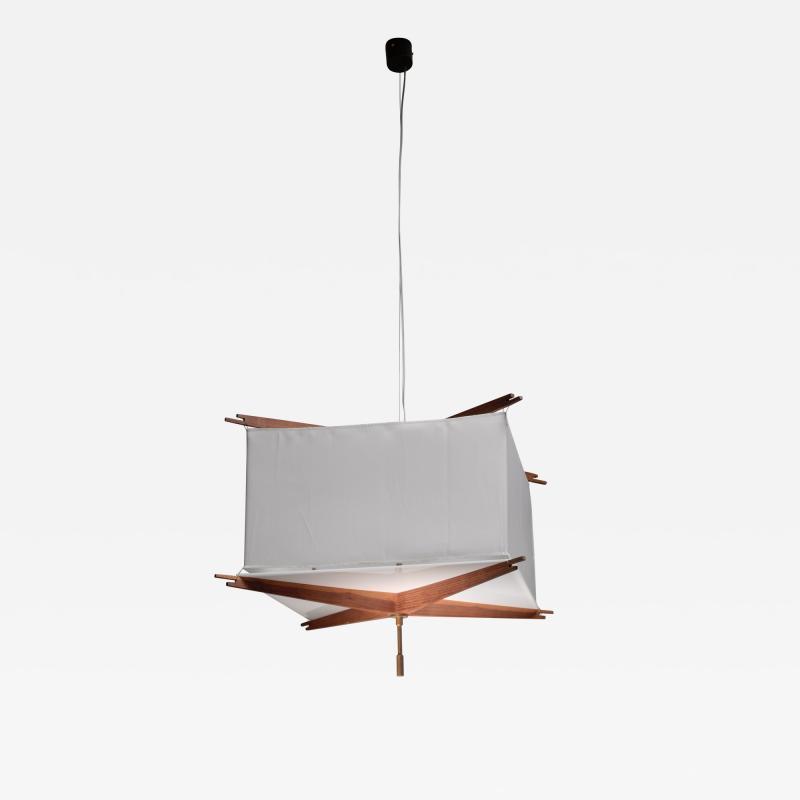 One of five wood and fabric pendant lamps Italy 1950s