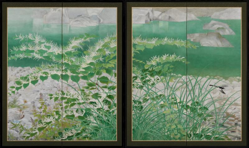 Ono Tosei Japanese Screen Pair Showa era Nihonga Riverside landscape Late Summer