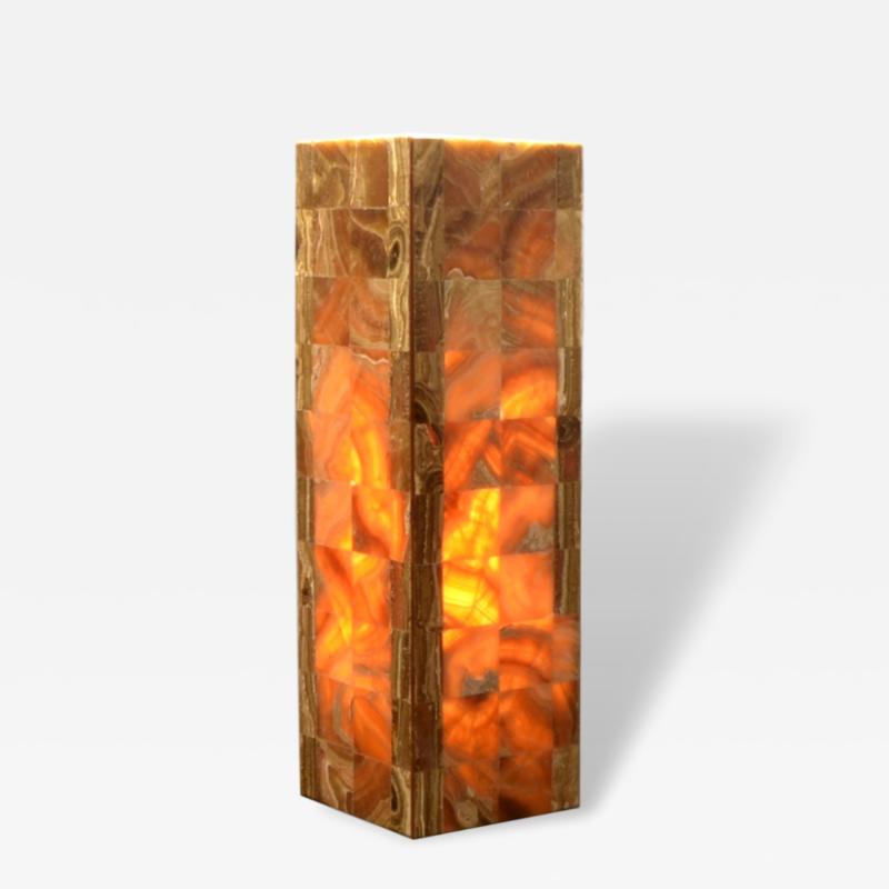 Onyx and Marble Industries Pair of Square based Orange Red Onyx Tower Table Lamps Mexico 20 H x 6 D x 6 W