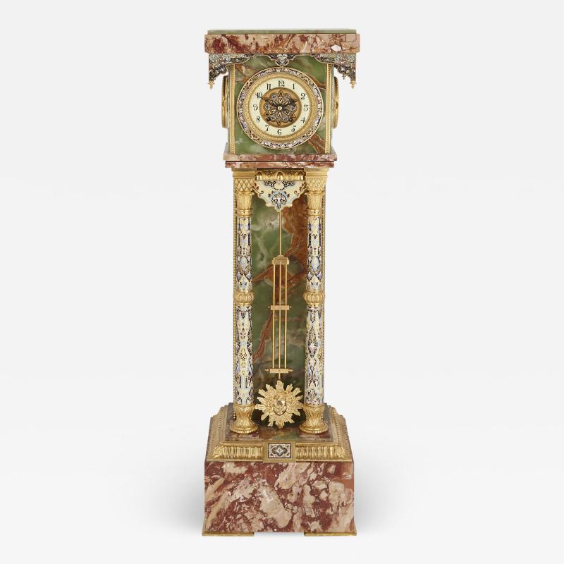 Onyx marble gilt bronze and champlev enamel pedestal clock