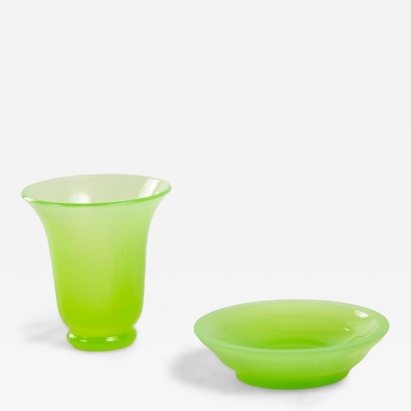 Opaline Lime Green Glass Vase and Dish France 1920s