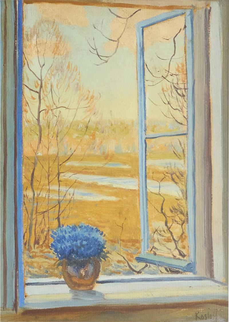 Open Window with Flowers Painting Belgium Early 20th Century