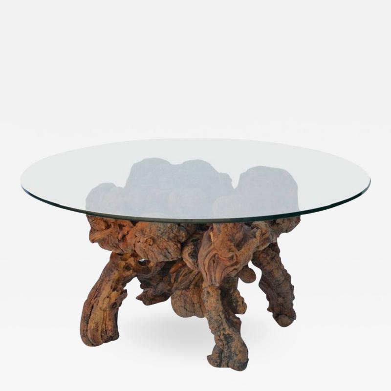 Organic Modern Quadripod Bog Wood and Glass Coffee Table