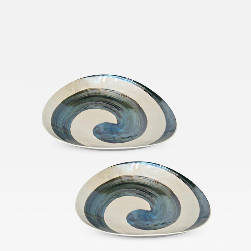 Organic Pair of Italian Pearl White Murano Glass Bowls with Aqua Blue Murrrine