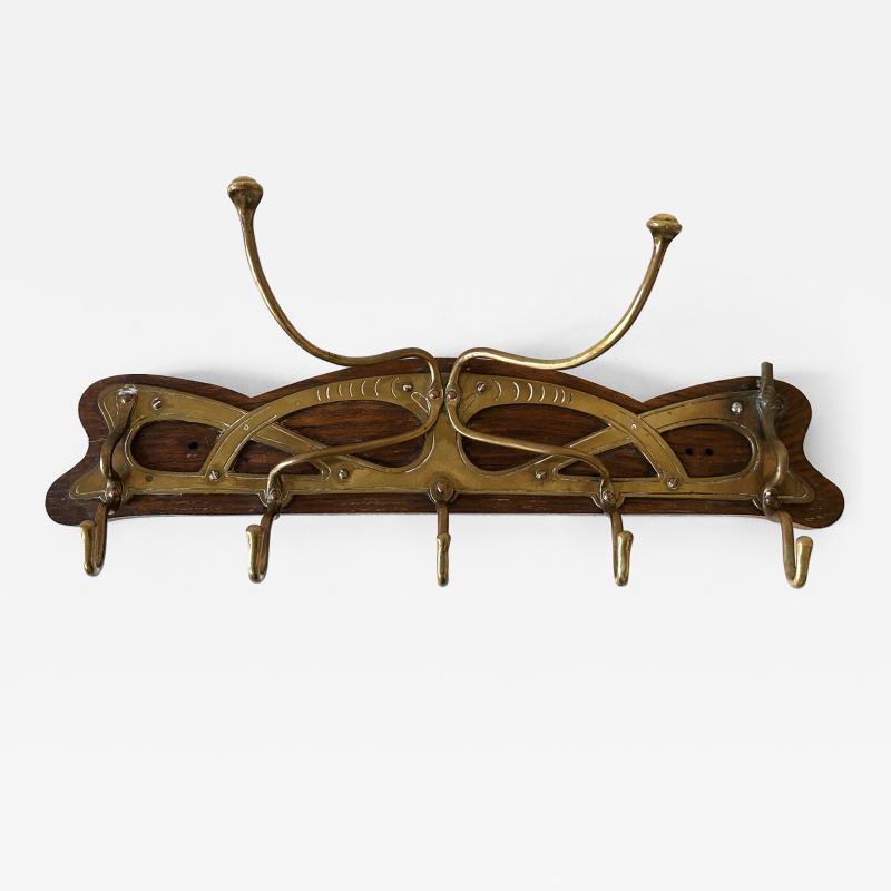 Original Art Nouveau Brass Wood Coat Rack or Hanger Germany 1900s