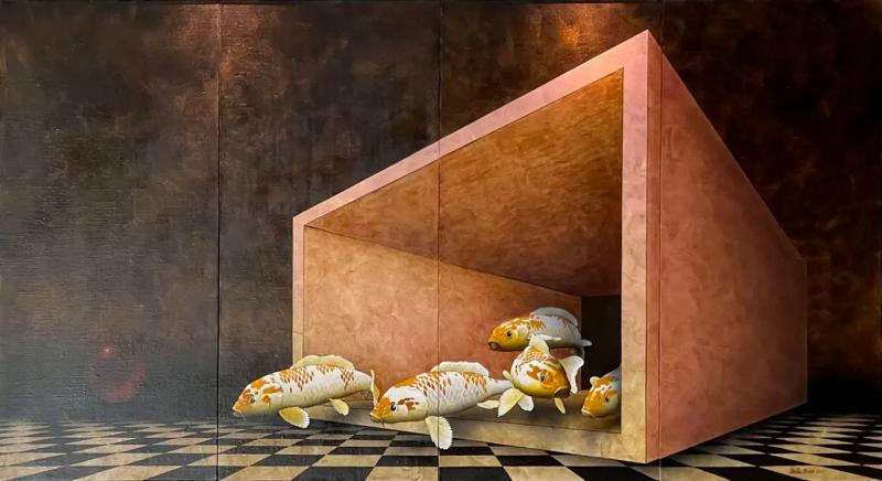 Original Charley Brown Surrealist Koi Fish Oil Painting