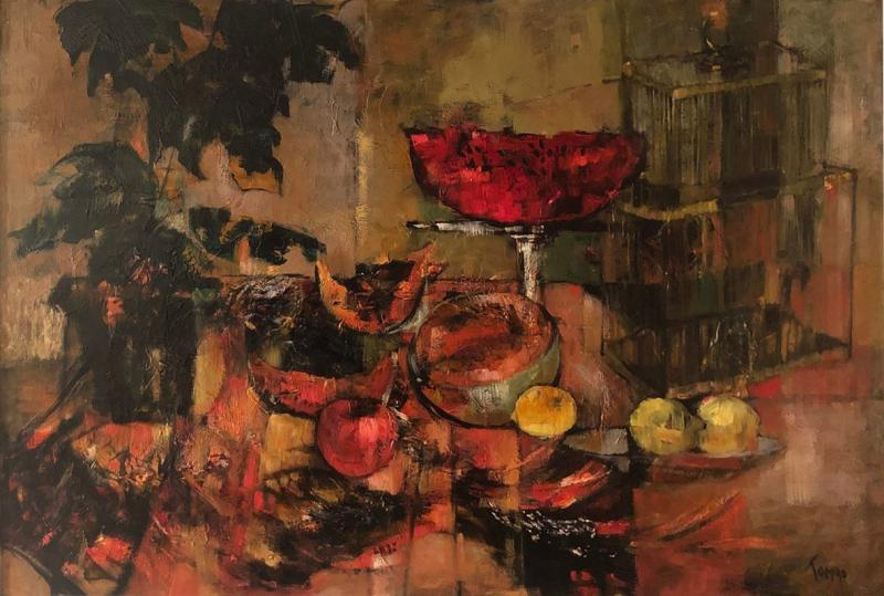 Original Mid Century Modern Jenny Tomao Abstract Still Life Painting