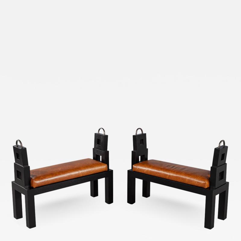 Original Vintage Fumed Oak Distressed Saddle Leather Benches
