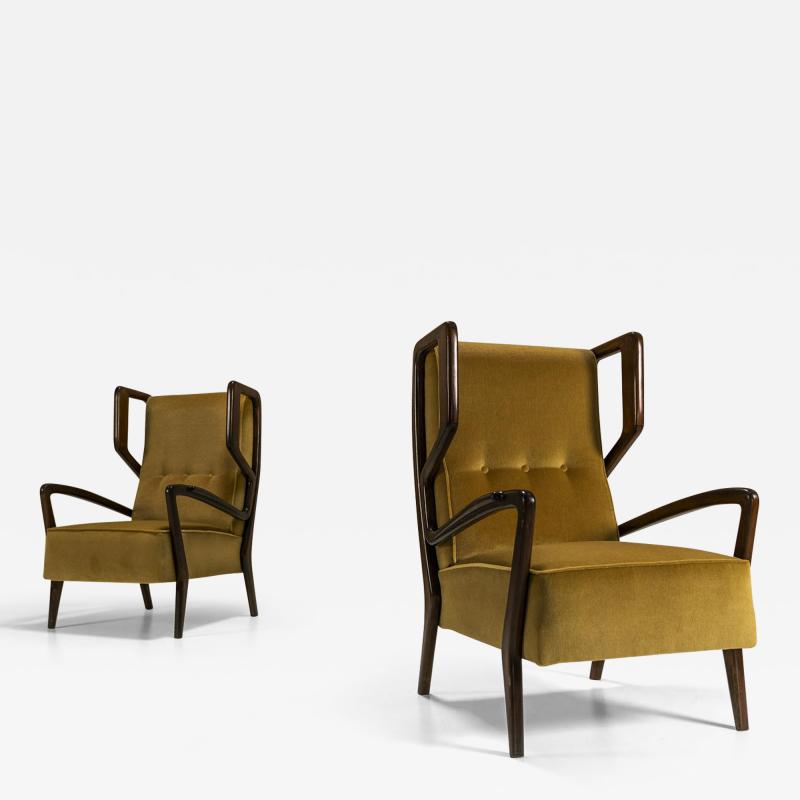 Orlando Orlandi Wingback Armchairs In Poplar And Mohair By Orlando Orlandi Italy 1950s