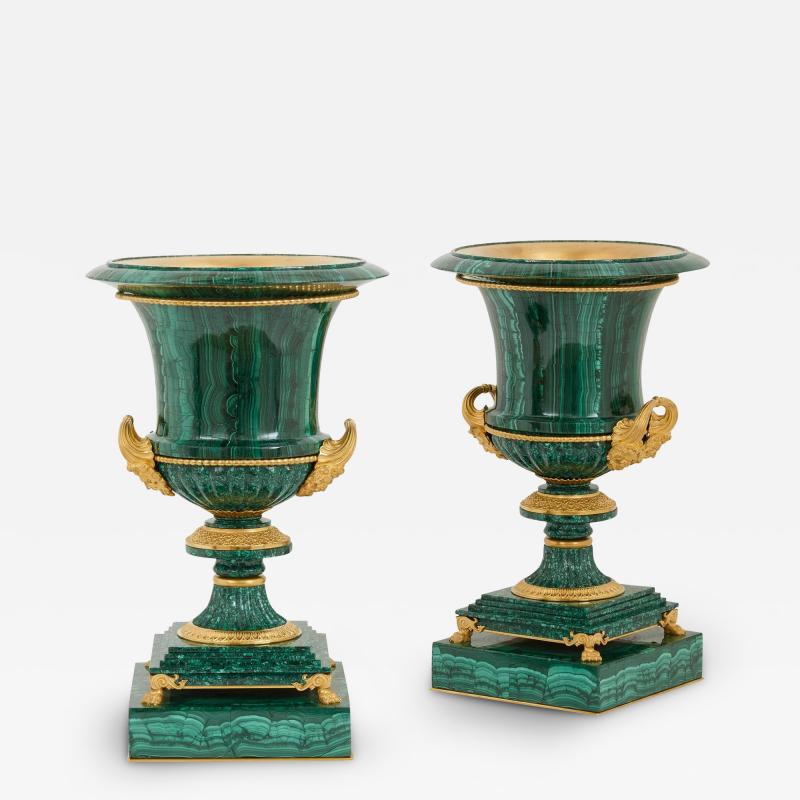 Ormolu mounted malachite Ekaterinburg vases after a design by I I Galberg