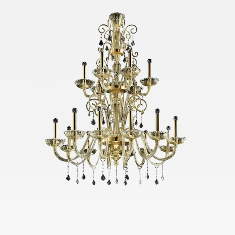 Ornate Imperial Venetian Chandelier With Gold Curled Murano Glass