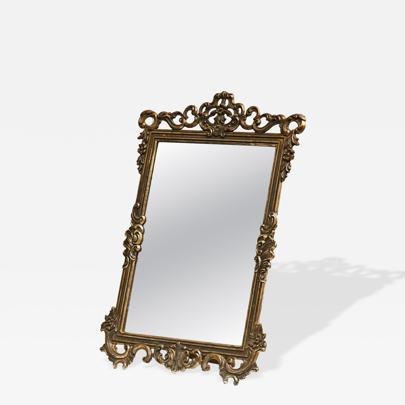 Ornate Italian Table Mirror in Patinated Silver Plated Brass Mid 20th Century